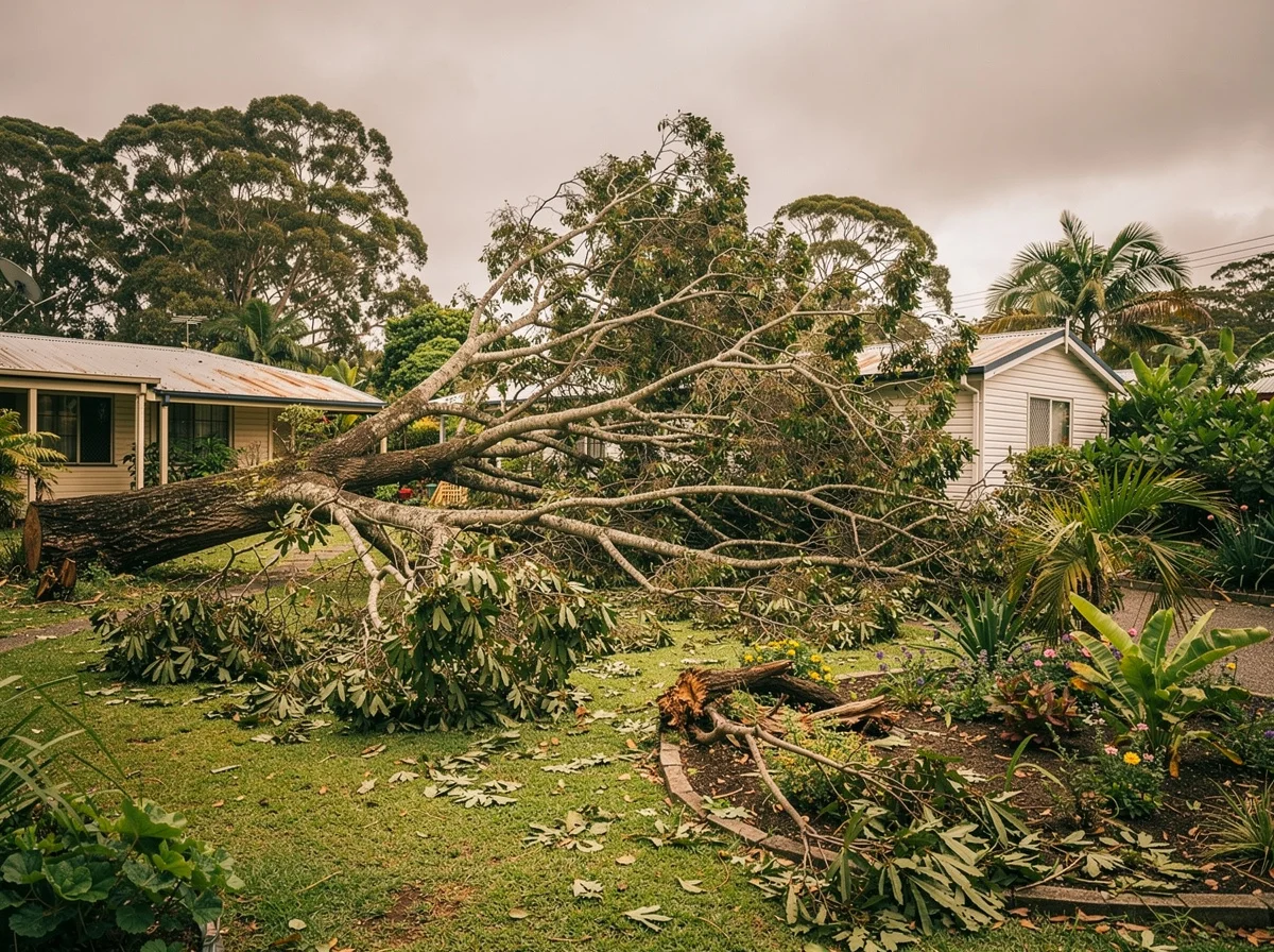 Storm-felled African tulip across a Kingscliff property after Cyclone Alfred