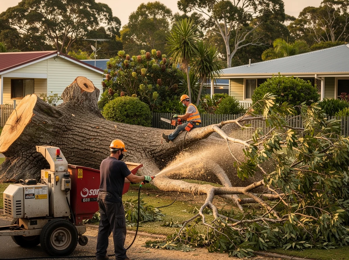 Crew chipping and mulching a large storm-felled African tulip tree at Kingscliff after Cyclone Alfred