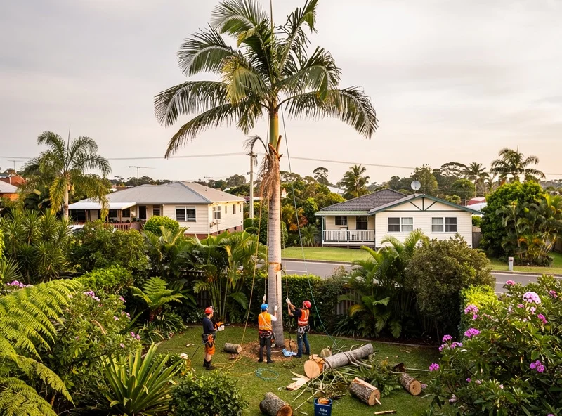 Palm Removal & Pruning job on the Tweed Coast: Cocos palms, bangalow, frond drop, stump grind included.